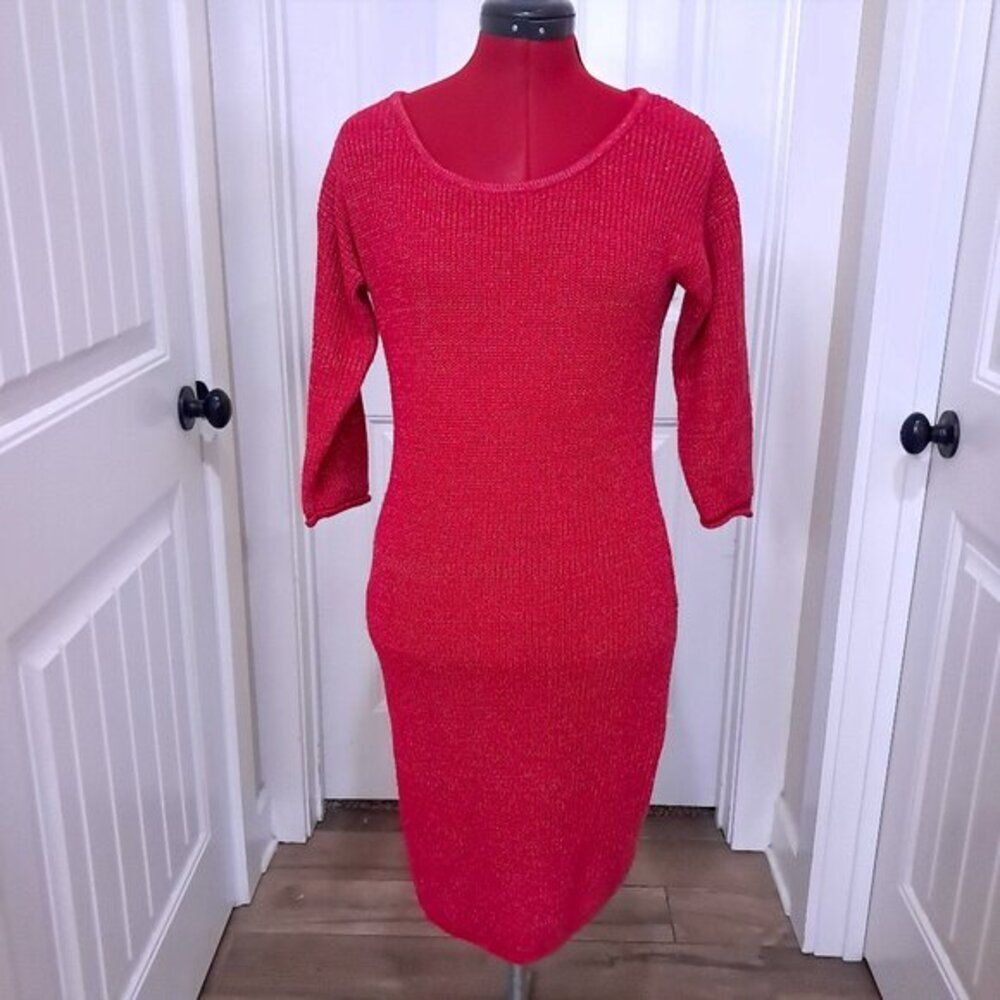 T/O Sweater Dress Womens sz Medium Pink Ribbed Knit Keyhole Stretch sparkle Y2K